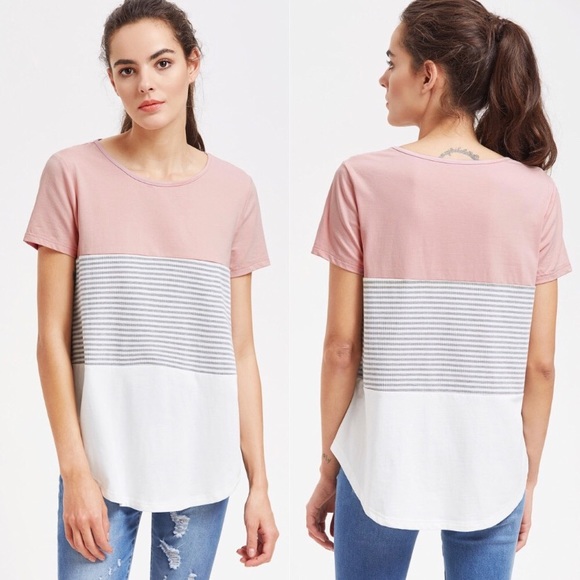 Tops - Short Sleeve Round Neck Striped Color Block Top